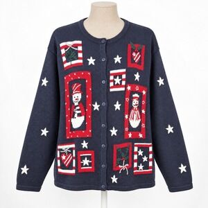 Quacker Factory Patchwork Snowman Holiday Cardigan Size L Cottagecore Teacher